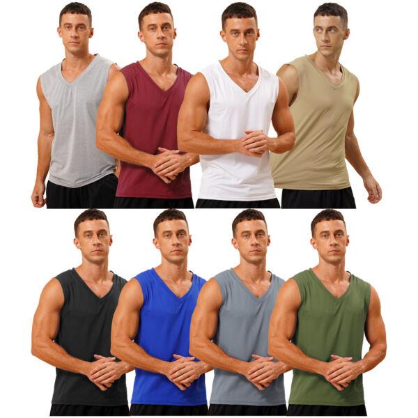Men's Solid Color Sleeveless T-shirt  Quick Dry V Neck Sports Vest Tank Tops